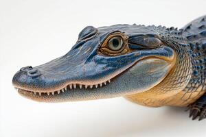 A baby alligator with a blue face and yellow belly. The blue face is the most prominent feature of the alligator photo
