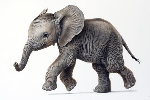 A baby elephant is walking on a white background. The elephant is small and cute, and it seems to be enjoying its walk. Concept of innocence and playfulness photo