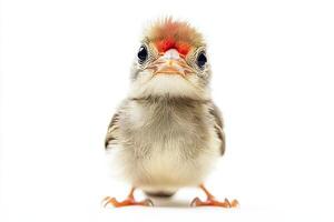 Close up of a cute fluffy bird with bright eyes against a white background, showcasing nature's innocence and charm. photo