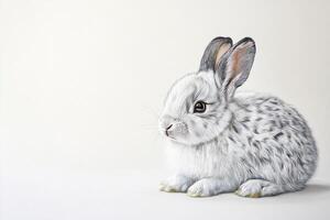 Cute fluffy white rabbit with gray spots sitting calmly on a white background, showcasing its soft fur and gentle expression. photo
