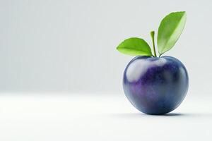 A vibrant blue plum with fresh green leaves on a minimalist background, perfect for healthy eating and organic food themes. photo