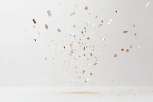 Abstract image of metallic confetti falling against a plain white background, symbolizing celebration and festivity. photo
