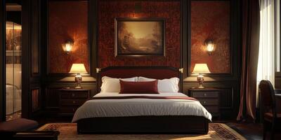 A large bed with a red pillow sits in a room with red walls. A picture hangs on the wall above the bed photo