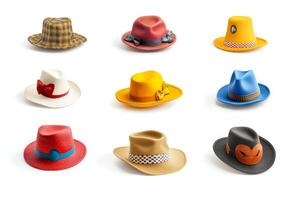 A vibrant assortment of fashionable hats in various colors and styles arranged neatly in a grid on a white backdrop. photo