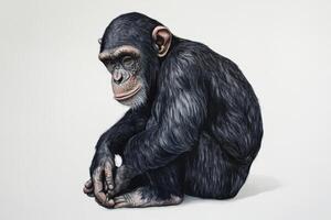 A detailed illustration of a chimpanzee sitting thoughtfully, showcasing its expressive features and natural fur texture. photo