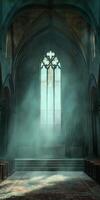 Sunlight filters through stained glass in a Gothic cathedral, casting ethereal light and shadows across the grand interior. photo