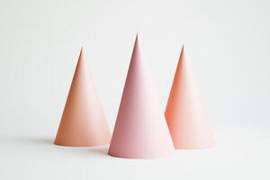 Three pink cone shaped objects. They are all the same size. They are all standing on a white background photo