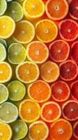 A row of oranges and limes are arranged in a rainbow pattern. The oranges are in the middle of the row and the limes are on the left photo