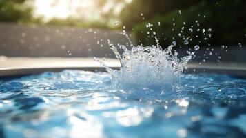 A splash of water in a pool. The water is clear and the splash is large photo