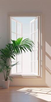 A large window with a plant in a white vase. The window is open and the sunlight is shining through it photo