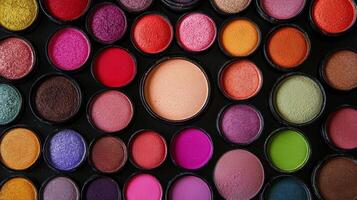 A close up of many different colored eyeshadow palettes. The palettes are arranged in a circle, with some of them overlapping. Scene is colorful and vibrant photo