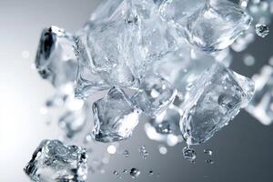 A close up of ice cubes with a blurry background. The ice cubes are scattered and broken, giving the impression of a chaotic and disordered scene photo