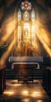 Warm sunlight beams through stained glass, casting colorful patterns inside a peaceful church with wooden pews and floral decorations. photo