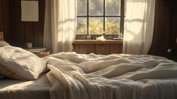 A serene bedroom with sunlight streaming through curtains, highlighting an unmade bed with soft linens in a rustic wooden setting. photo