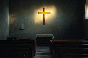 Peaceful church interior featuring a glowing cross, wooden pews, and soft ambient lighting creating a tranquil atmosphere. photo