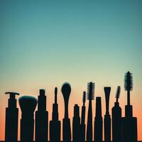 Dark silhouette of beauty tools and bottles on a soft gradient background. photo
