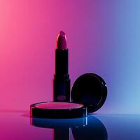 Dark silhouette of a lipstick and compact powder on a soft gradient background. photo