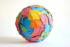 A colorful ball made of paper. The ball is made of different colored paper and has a hole in the middle photo