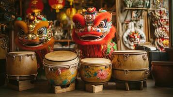Two Chinese lion statues are sitting on a table next to some drums photo