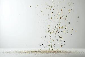 A cascade of colorful confetti falling against a plain white backdrop, symbolizing celebration and festive joy. photo
