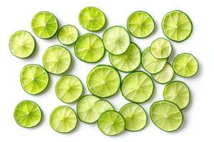 Fresh lime slices isolated in a vibrant arrangement on a white background. photo