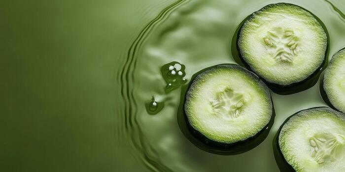 A close up of cucumber slices floating in a green liquid. The cucumbers are cut in half and are floating on the surface of the water photo