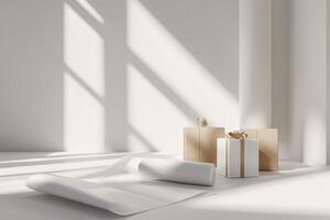 A white box with a brown ribbon sits on a white mat. There are two other boxes on the mat photo