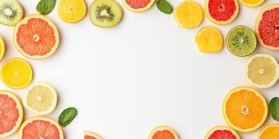 A white background with a variety of fruit including oranges, kiwis, and grapefruit photo