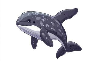 A cartoonish drawing of a dolphin with a white belly and black spots. The dolphin is swimming in the air, looking up at the camera photo
