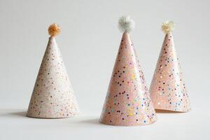 Three party hats with glitter on them. One is white, one is pink, and one is purple photo