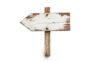 A weathered wooden arrow sign with a rustic finish, perfect for directional or decorative purposes in vintage themed projects. photo