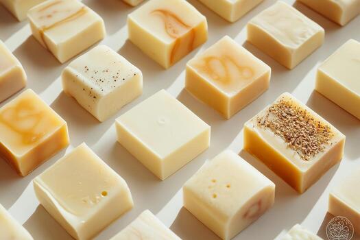 A collection of handmade artisan soaps with natural ingredients, showcasing unique designs and textures, perfect for spa and skincare. photo