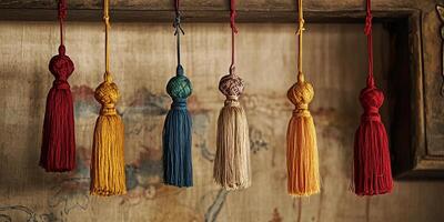 Vibrant tassels in various colors hanging on a wooden rod, perfect for adding a touch of elegance to home decor. photo