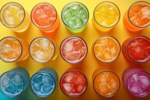 A row of colorful glasses filled with ice and liquid. The glasses are lined up in a row, with the first glass on the left and the last glass on the right photo