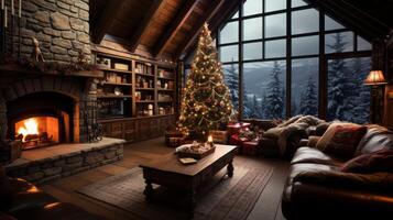A cozy living room with a fireplace, a large Christmas tree, and a couch. The room has a warm and inviting atmosphere, perfect for spending the holidays with family and friends photo