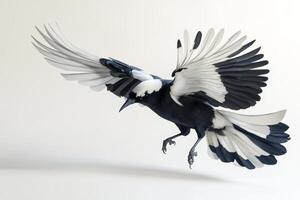 A black and white bird with white feathers is flying in the air. The bird has a black beak and is in the middle of its flight photo