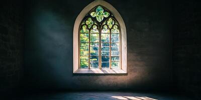 A window in a room with a view of trees. The window is open and the sunlight is shining through it photo