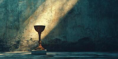 A small cup is sitting on a stone pedestal. The cup is made of gold and is illuminated by sunlight. The scene is serene and peaceful, with the cup as the focal point photo