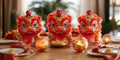 Colorful lion dance figures adorn a festive table, capturing the essence of Chinese New Year celebrations. photo