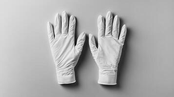 Top view of white disposable latex gloves on a gray surface, ideal for medical, cleaning, and hygiene purposes. photo