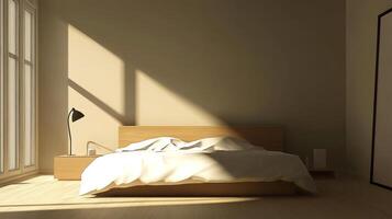 A white bed with a lamp on the nightstand. The lamp is black. The bed is in a room with a white wall photo