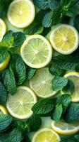 A close up of a bunch of lemons and mint leaves. The lemons are sliced and arranged in a pattern photo
