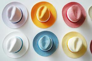 A collection of colorful straw hats displayed in an artistic pattern, highlighting summer fashion and vibrant design. photo