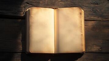 A book is open on a wooden table. The book is old and has a worn look to it. The pages are yellowed and the cover is frayed. The book is open to a page with no writing on it photo