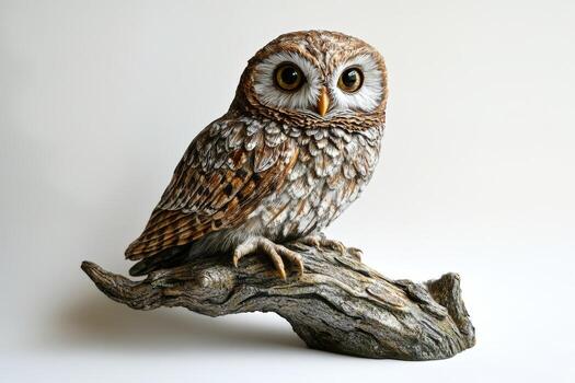 Close up of a detailed owl sculpture on a branch, showcasing intricate feather patterns and lifelike eyes. photo