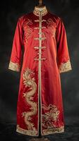 A red and gold Chinese robe with a dragon design. The robe is long and has gold trim photo