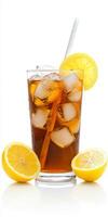 A glass of iced tea with a lemon slice on top. The drink is cold and refreshing, perfect for a hot day photo