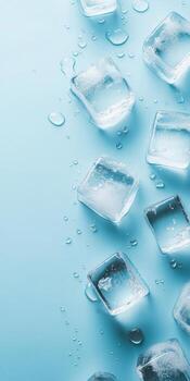 A blue background with a row of ice cubes on it. The ice cubes are all different sizes and are scattered across the background photo