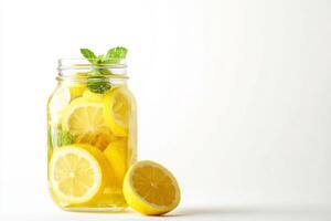A jar of lemonade with a slice of lemon in it. The lemonade is yellow and the lemon slice is cut in half photo