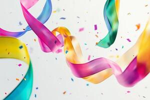 Brightly colored ribbons and confetti create a festive and joyful atmosphere on a clean white background. photo